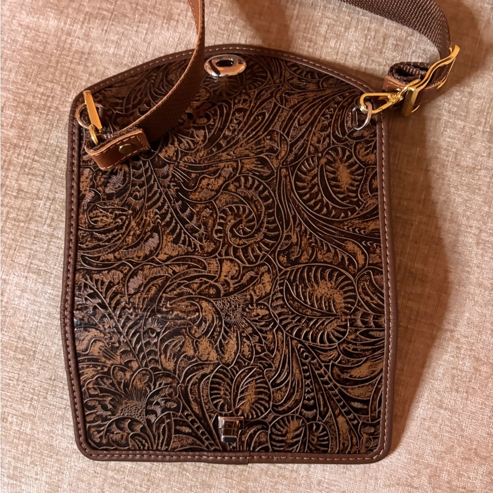Genuine Hand-Tooled Leather Crossbody Clutch - Floral Embossed Vintage Style